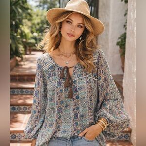 American Eagle Boho Peasant Blouse Tunic M Green Brown Flowy